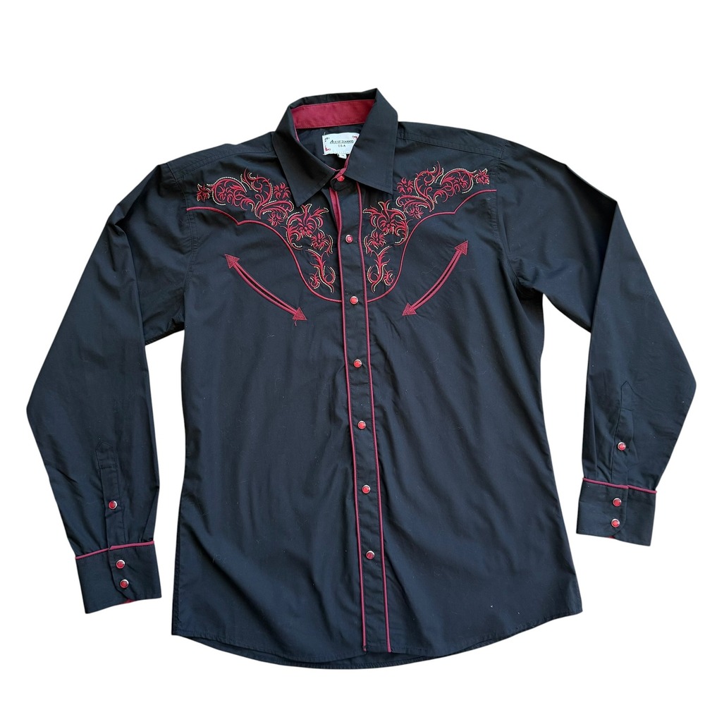 Ace of Diamond Mens Western Snap Shirt Black Red Floral Embroidered Medium